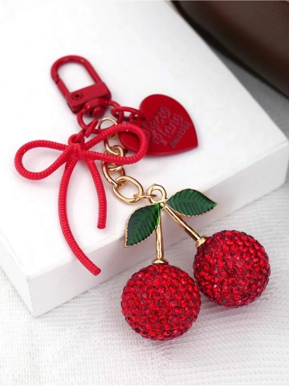 Source Unknown Red Cherry Crystal Keychain with Green Leaves